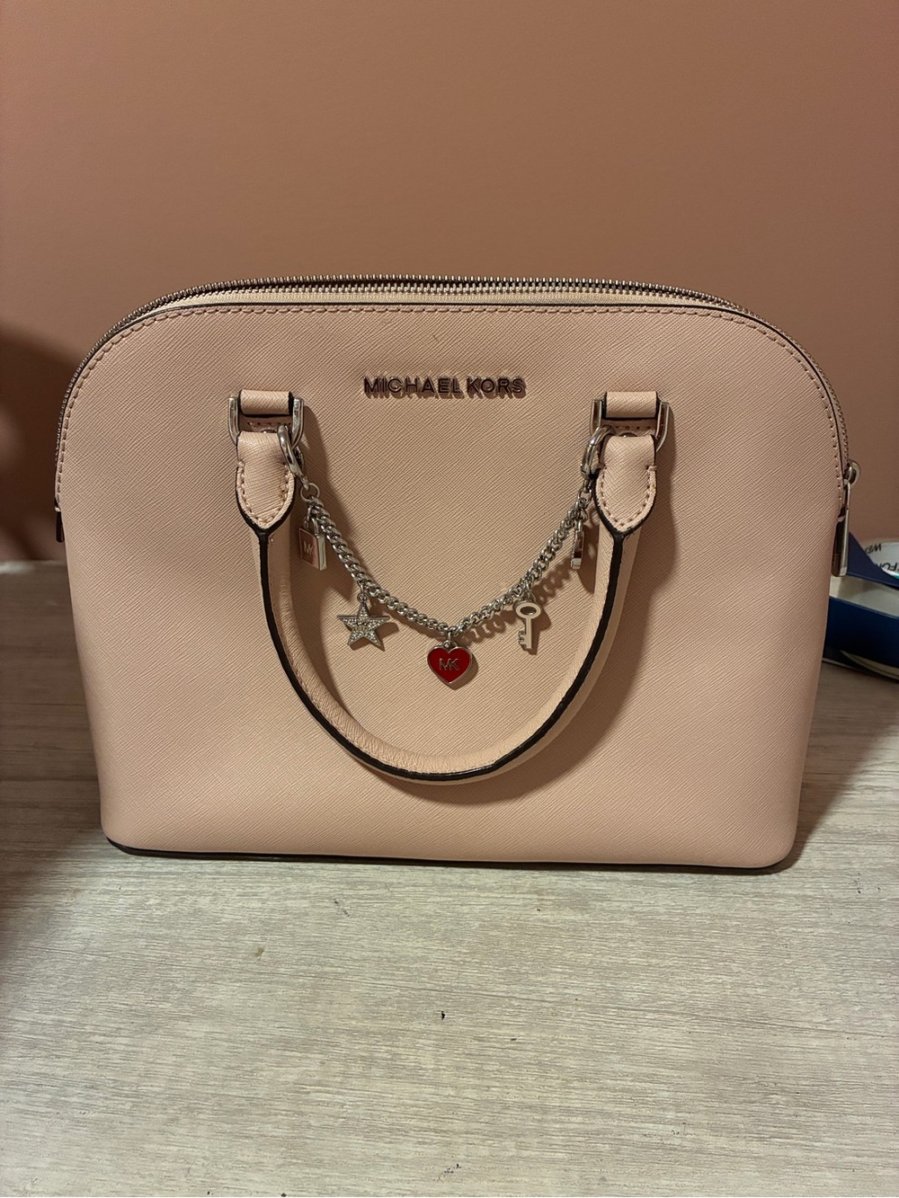 Michael Kors Pink Saffiano Dome Satchel with Charm Chain